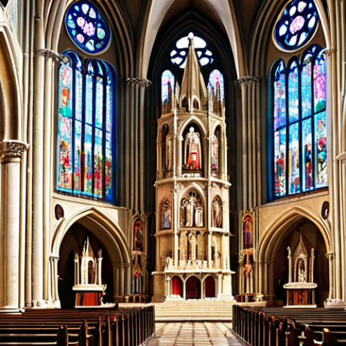 Home 4 **Majestic San Salvador Cathedral:** Neo-Gothic and Romanesque architecture, intricate details, rose windows, vibrant stained glass, columns, religious sculptures, bright sunlight.